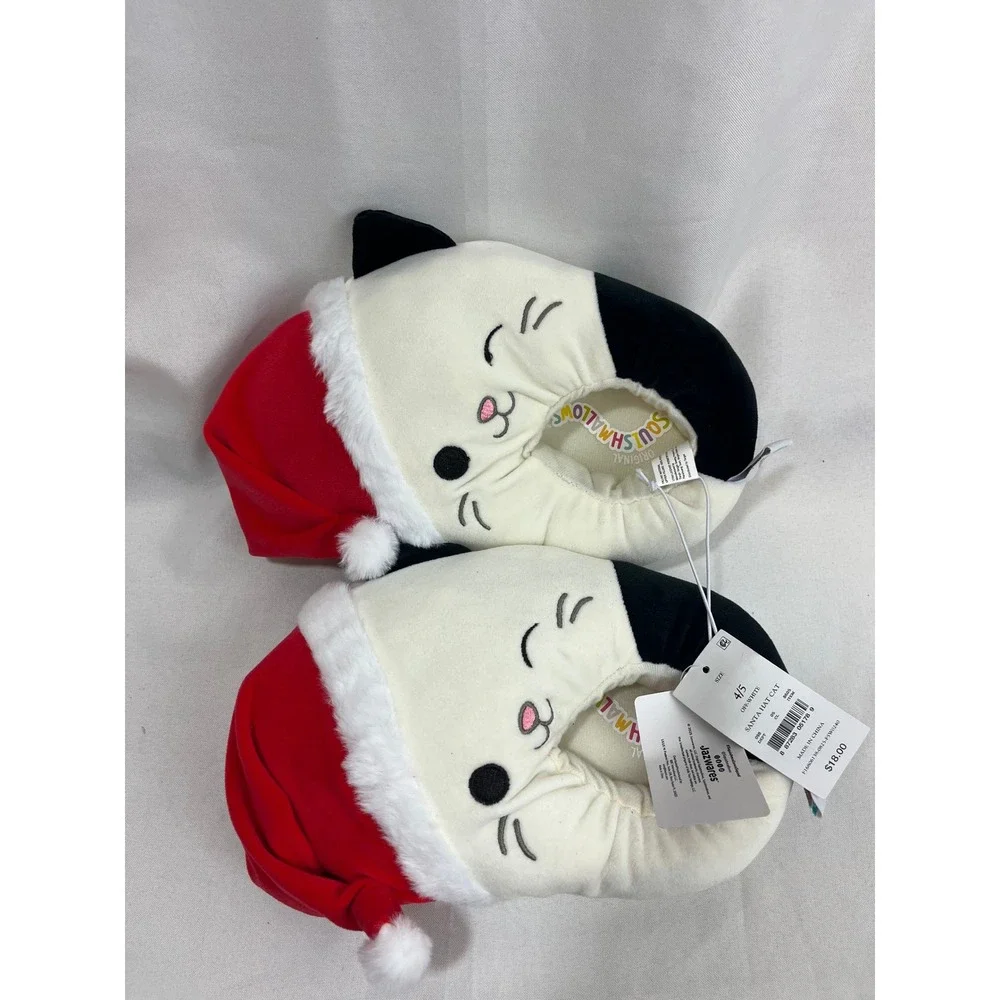 Squishmallows Santa Hat‎ Cat Slippers Off-White Christmas Plush Size 4/5 NEW